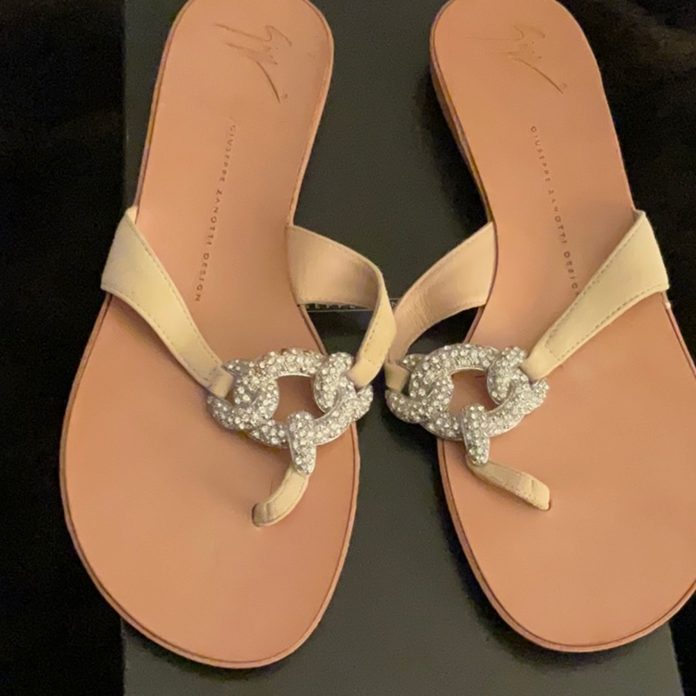 NEW Giuseppe Zanotti 9.5 jeweled flat sandals beige suede from Neimans with box